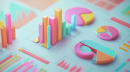 Poster - Financial analysis paperwork with bar graphs and pie charts, 3D illustration, flat design, top view, business finance theme, animation, colored pastel