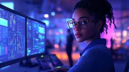 Poster - Young woman with glasses, working on dual monitors displaying code, in a vibrant, tech-focused setting, showcasing modern technology and female empowerment in the tech industry