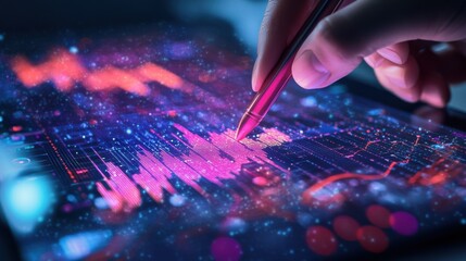 Poster - business metrics on a glowing touchscreen, using a stylus