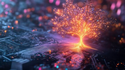 Poster - A vibrant digital tree of light, growing out of an advanced circuit board, showcasing the fusion of nature and technology, hightech art style