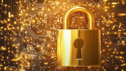 Poster - Golden padlock with advanced electronic circuits, digital password security design, ensuring fraud prevention and confidential data protection in a secure network