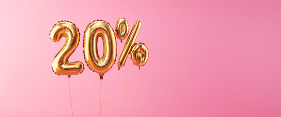 Aufkleber - Gold foil number balloons spelling 20%, against pink background, showcasing a sale or discount offer, ideal for promotional materials