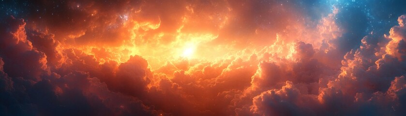 Wall Mural - an awe-inspiring view of a dramatic sunset with vibrant colors. The sky is filled with clouds painted with warm hues of orange and red, as the sun bursts through