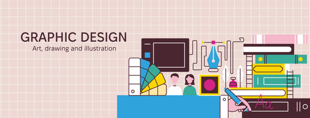 Book Graphic Design Drawing Web Banner. Vector Illustration of Designer and Illustrator Lifestyle Concept.
