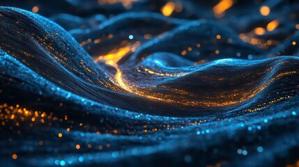 Poster - Abstract blue wave background with glowing lines and particles, representing technology, data flow, and digital innovation.