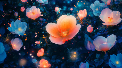 Fototapete - Close-up of luminous flowers in orange, pink, and blue hues, glowing against a dark background, creating a magical, dreamy atmosphere, ideal for fantasy or romantic concepts