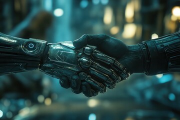 Poster - A futuristic scene depicting a robotic hand and a human-like hand shaking in a high-tech environment, symbolizing collaboration between technology and humanity