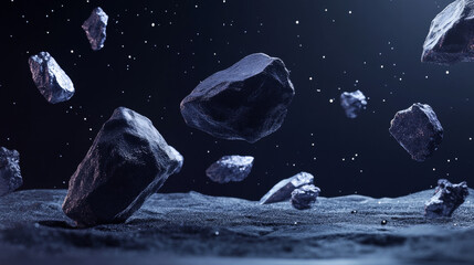 A futuristic 3D-rendered cosmic-themed display featuring floating asteroid-like rocks, designed as a product stand for cosmetics, skincare, and space-inspired advertising