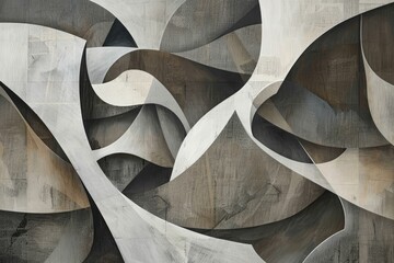 Poster - abstract painting with layered, distorted shapes in shades of gray and topaz, construct a layering e