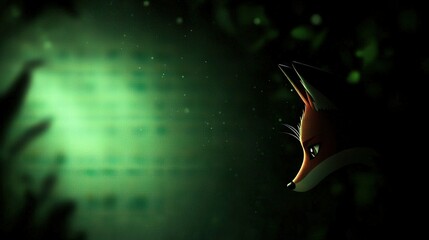 Wall Mural - a focused image of a fox's head on a green backdrop with an out-of-focus depiction of a building in 
