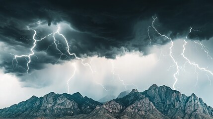 Wall Mural - a towering mountain emitting lightning from its summit while the surrounding sky is cloudy
