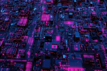 Poster - Abstract aerial view of a vibrant neon circuit board layout