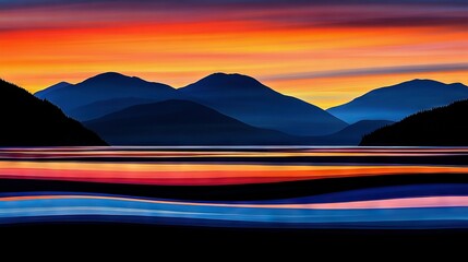Wall Mural - a stunning painting depicts a sunset over majestic mountains with a tranquil body of water in the fo