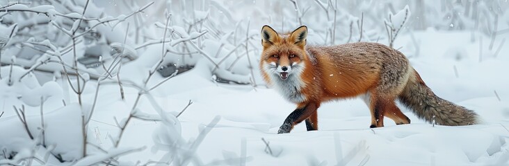 red fox, vulpes vulpes, proceeds across a wintertime meadow in nature. the wild, orange predator gro