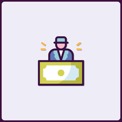 Aufkleber - Elegant Icon of Money Manager in Blue Suit Behind Currency for Financial Concept