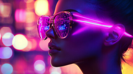 Poster - Profile of woman wearing neon glasses reflecting digital code, vibrant pink and purple lighting, symbolizing technology, nightlife, and modern aesthetics