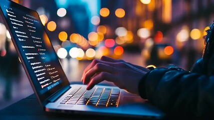 Night City Coder:  Person coding on laptop at night with city lights blurred in background.