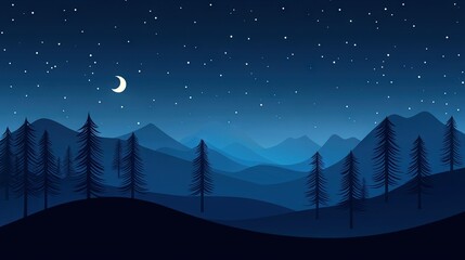 Wall Mural - a starry night over a mountain range with pines and a crescent in the foreground