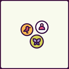 Poster - Minimalistic circle icon featuring bird, butterfly and human symbol on ivory background