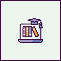 Poster - E-learning conceptual illustration, featuring books on a laptop, education