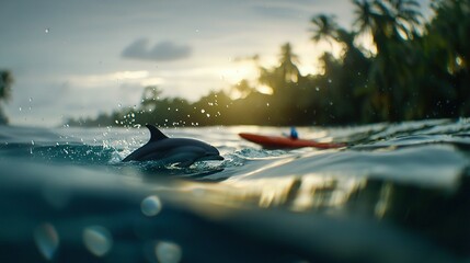 Wall Mural - dolphin swimming by red kayak in palm tree line