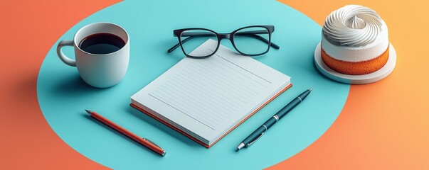 Poster - Modern workspace essentials with notebook, glasses, coffee, and pen on colorful background