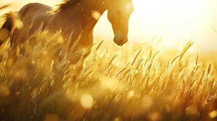 Wall Mural - a majestic horse grazes amidst towering blades of grass while basking under the warm sunlight its re