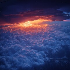 Wall Mural - an aerial view captures a mesmerizing cloudscape under a dramatic sunset, featuring a blend of vibrant colors. The scene evokes a sense of awe and wonder 