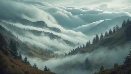 Poster - Low-hanging cloud enveloping evergreen conifers in a picturesque landscape.
