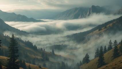 Poster - Mist envelops evergreen conifers in a scenic landscape with low lying clouds.
