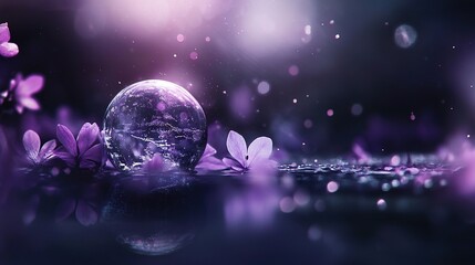 Wall Mural - a glass ball rests atop a body of water with purple flowers floating above it, set against a backdro