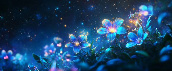 Poster - Glowing blue flowers in dark setting, sparkling particles surrounding them, creating magical, mystical atmosphere, ideal for fantasy or fairytale themes