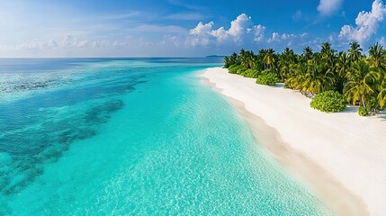 Wall Mural - an aerial shot of a beach featuring palm trees swaying in the water and pristine white sand in the f