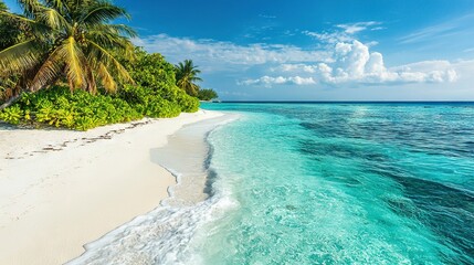 Wall Mural - a serene beach with palms swaying beside the ocean, featuring a peaceful boat ride