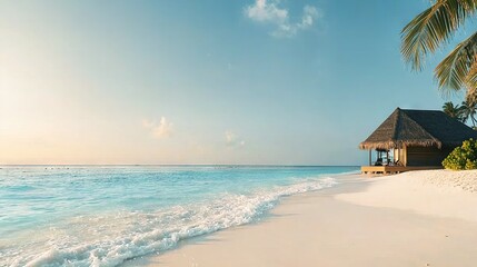 Wall Mural - a palm-covered hut sits atop a sandy beach, adjacent to the ocean and another hut with a thatched ro