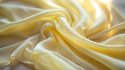 Poster - Blurred yellow silk textile. Displaying a creamy beige hue and a shimmering satin appearance, it maintains the typical freshness of chiffon and its flowing drape.