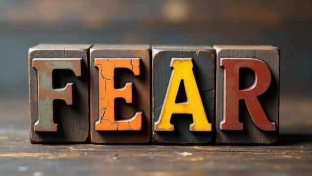 The term -FEAR- displayed in wooden letterpress typography.