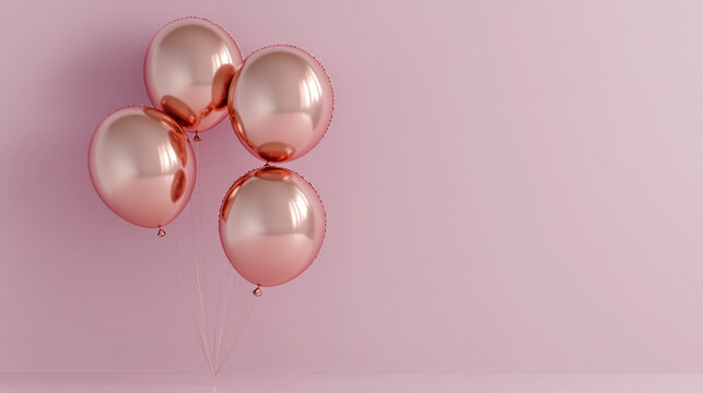 Rose gold balloons cluster on pale pink background, creating festive, celebratory mood, ideal for greeting cards or party invitations, free space for text