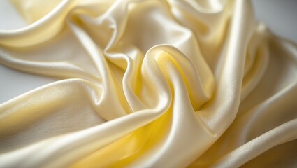Poster - Blurred yellow silk textile. Displaying a creamy beige hue and a glossy satin texture, it maintains the characteristic lightness of chiffon and elegant drapery.