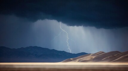 Wall Mural - storm approaching desert with mountain range in background, lightning bolt striking sky