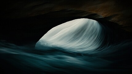 Wall Mural - a large wave emerging from a cave into a body of water with a light illuminating its side