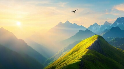 Wall Mural - a bird flying over a green mountain with a bird soaring above it on a sunny day