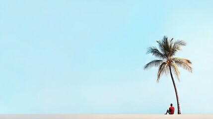 Wall Mural - a man lounges beneath a palm tree on a sandy shore, gazing up at the clear blue sky above