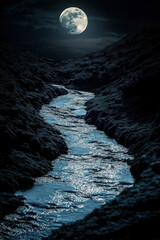 Wall Mural - A serene moonlit river flows between rocky banks, illuminated by the bright full moon in a clear, starry night sky.