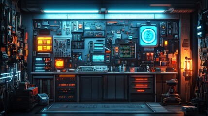 Poster - Cybernetic Workshop: A futuristic workshop, illuminated with neon lights, showcasing advanced technology and intricate electronics, creating an atmosphere of innovation and invention.