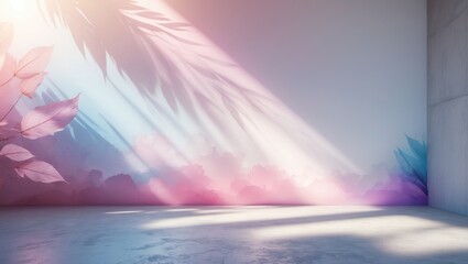 Poster - Abstract Background Summer Pink Purple Overlay with Summer Sun Shadows on Leaf and White Gradient Color Blur in a Room with Cement Floor and Wall, Backdrop for Mockup Presentation of Beauty Cosmeti...