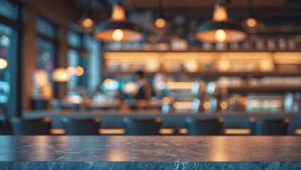 Poster - Stone table surface with a blurred bokeh background of a cafe and coffee shop interior featuring a vintage filter - suitable for displaying or showcasing your products.