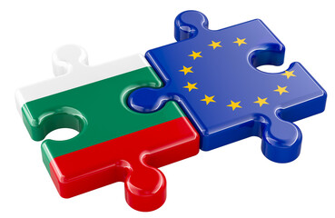 Poster - Bulgaria and the European Union puzzles from flags, euro area concept. 3D rendering