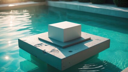 Poster - Background for cosmetic products, poolside. Geometric concrete stone podium. Vacant display for product packaging presentation. Mockup pedestal, sunlight reflecting on water. Beauty treatment medic...