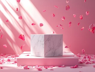 Poster - A minimalist marble cube display surrounded by delicate pink rose petals on a soft pink background with sun rays creating an ethereal ambiance